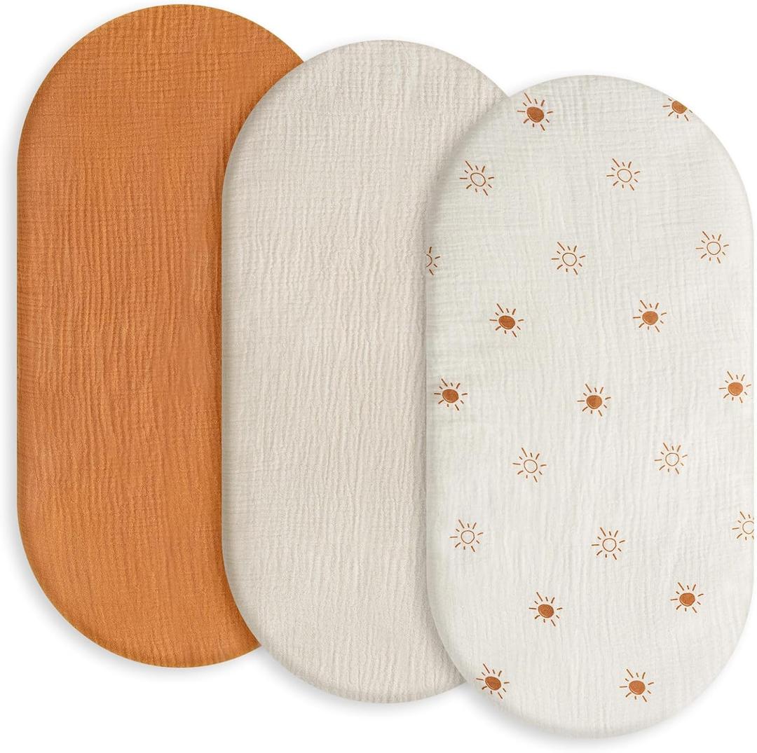 Gllquen Baby Muslin Bassinet Sheets 3 Pack, Breathable Elastic Cozy Fitted Cotton Bassinet Mattress Sheet for Baby Boy Girls, Fit for Hourglass Oval Rectangular Cradle Pad Sheets 33"x17" (Sunshine) (Yellow)