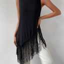 MakeMeChic Women's Crew Neck Fringe Hem Blouse Sleeveless Keyhole Back Fall Dressy Tank Tops (Black, M)