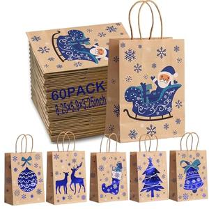 60-Pcs Christmas Gift Bags,Features 6 Christmas Designs in Reflective Blue Foil,Small Gift Bags with Handles, 8.25x5.9x3.25 Inches,For Xmas & Holiday Parties