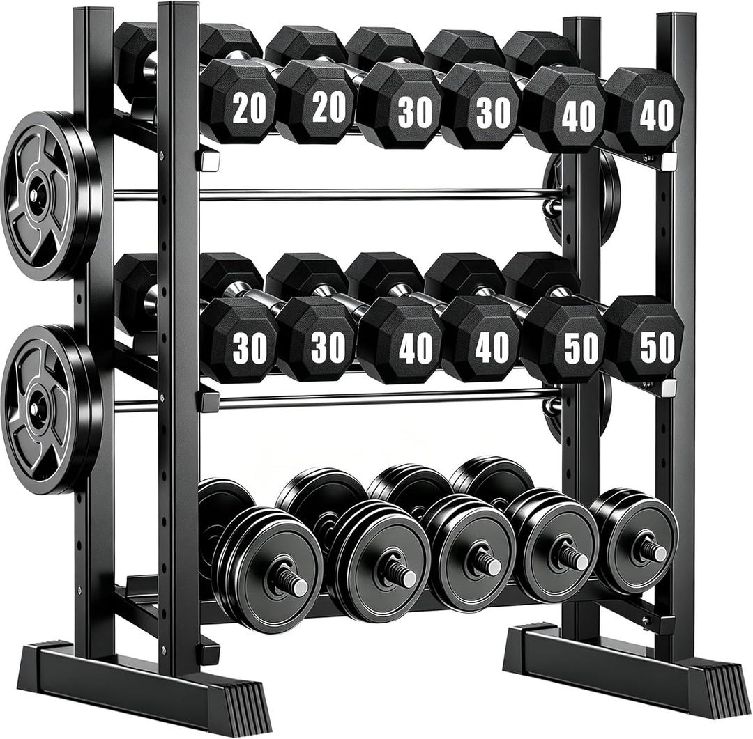 3-Tier Adjustable Dumbbell Rack, Heavy-Duty Weight Rack for Home Gym, Space-Saving Weight Storage Rack for Dumbbells, Kettlebells, Barbells & Plates (Rack Only)