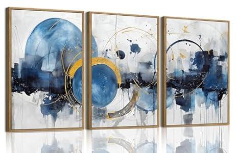 OIQArtOIQ 3 Piece Large Abstract Canvas Wall Art For Living Room Blue and Gold Framed Wall Art Modern Aesthetic Minimalist Art Prints Artwork For Bedroom Office Dining Room 16x24 in