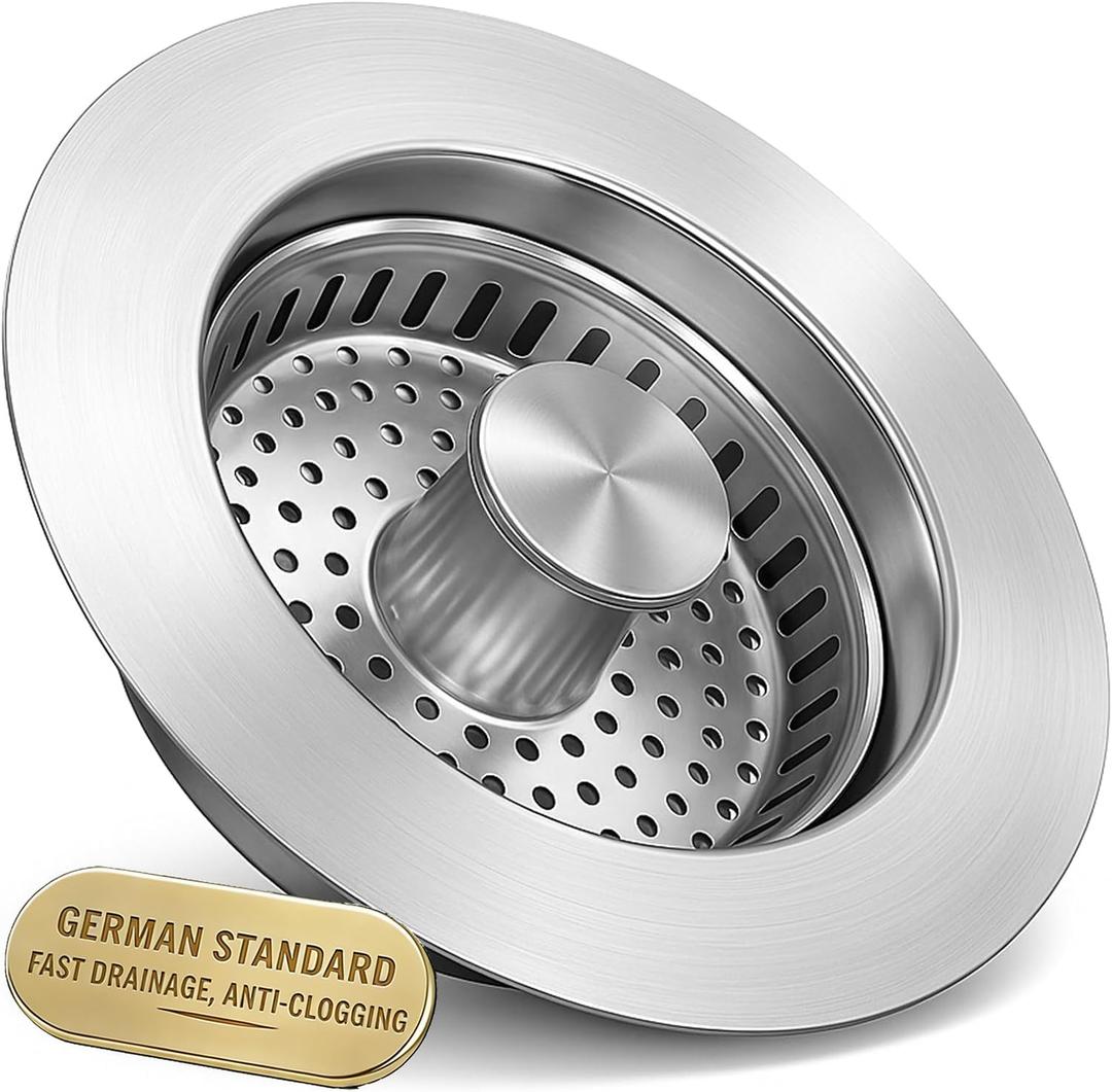 Upgraded 3-in-1 Kitchen Sink Drain Strainer with Solid Brass Core, Fast-Drain Pop-Up Sink Stopper, 304 Stainless Steel, Removable Anti-Clog Basket, for US Standard 3-1/2'' Drains