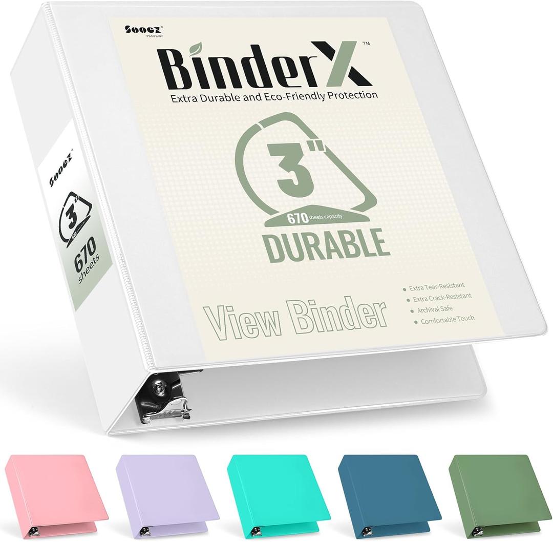 Sooez BinderX Extra Durable 3 Inch 3 Ring Binder, D-Ring Large Binder, Holds 670 Sheets of 8.5x11 Paper, Customizable View Cover with Inside Pocket, Heavy Duty 3 Ring Binder for School, White