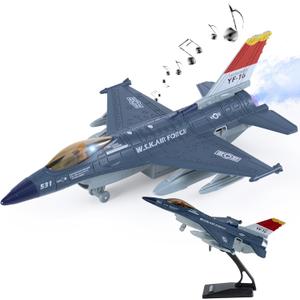 Diecast Metal Alloy Fighter Jet Military Airplane Toy with Mist Spray, Lights & Sounds, Pull Back Function Army Air Force Aircraft for Kids, Toddlers Ages 3+, Gift for Boys Girls (Blue)
