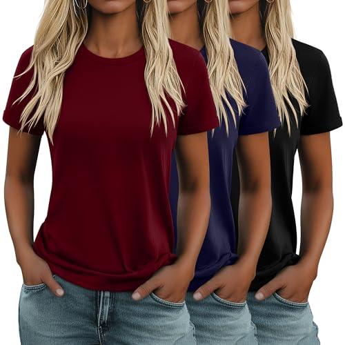 Huukeay 3 Pack Women's Cotton T Shirts Casual Short Sleeve Tunic Tops Crewneck Summer Plain Basic Loose Fit Tee(Black, Navy Blue, Wine Red, Large)