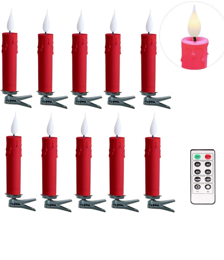 Christmas Tree Clip-on Taper Candles with 3D Flickering Flame Battery Operated Candle with Timer and Remote, Pack of 19, Red