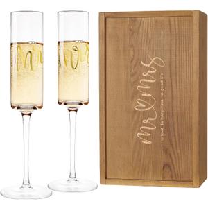 AW BRIDAL Mr and Mrs Champagne Flutes Set of 2, Engagement Bridal Shower Gifts for Couple Newlyweds, Wedding Anniversary Toasting Glasses with Wooden Box for Bride Groom