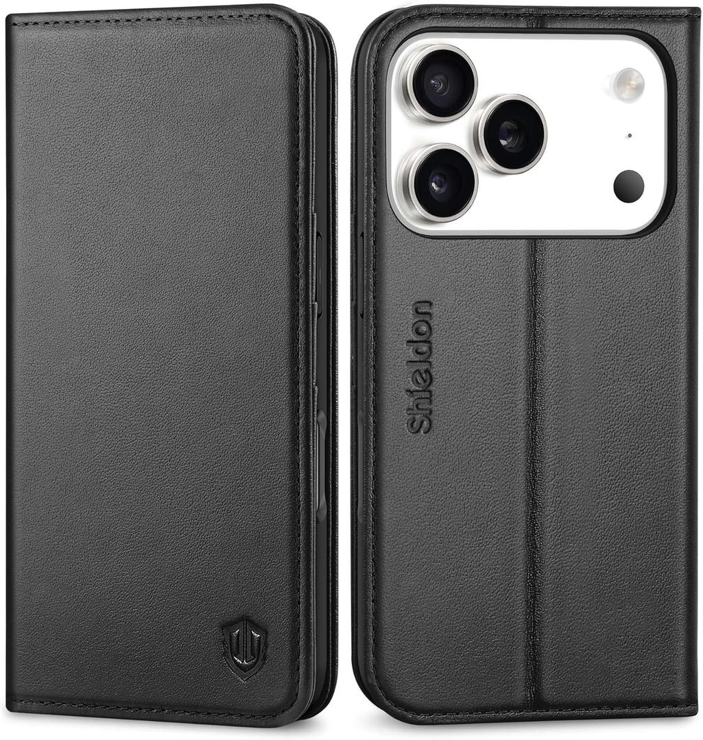 SHIELDON Wallet Case for iPhone 17 Pro 6.3" 2025 | Genuine Leather | Flip Magnetic Cover | RFID Blocking Credit Card Holder | Kickstand | Soft Shock-Absorbent Interior Shell | Black