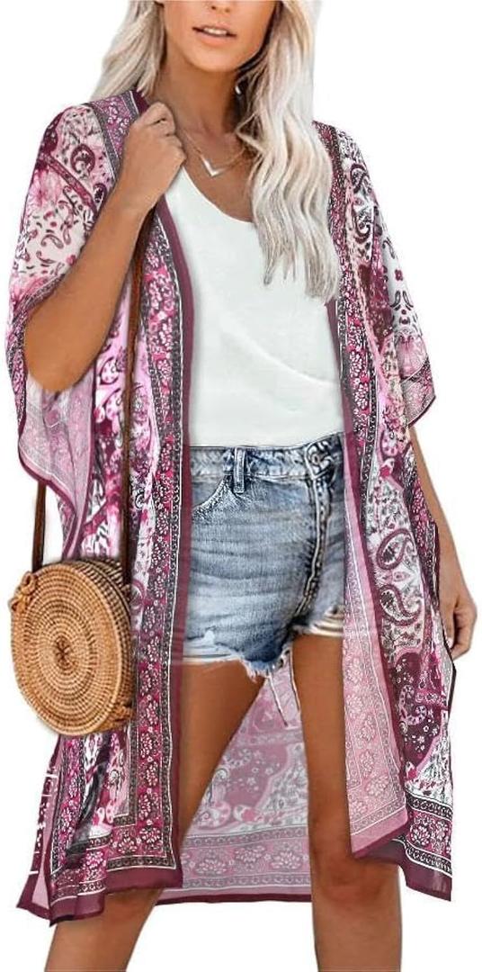 Women's Kimono Beach Cover up for Summer Bathing Suits Cardigans Casual Loose Swimwear (Large, Purple Paisley Print)