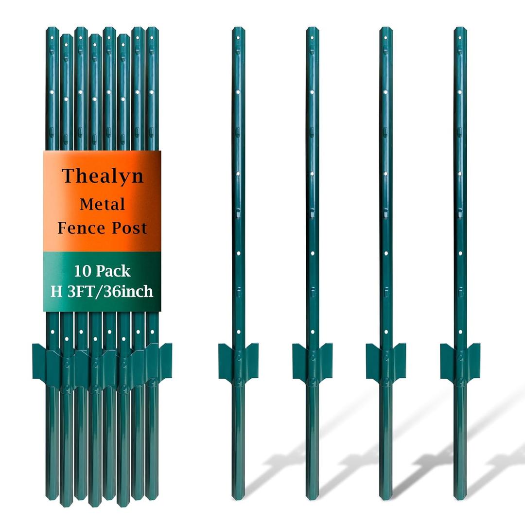 Thealyn 3ft Fence Posts, Pack of 10 - Sturdy Metal U-Posts & Step-in Stakes, No Digging Poles for Garden Wire Fencing and Yard Signs (Fits 2-ft Fence Mesh)