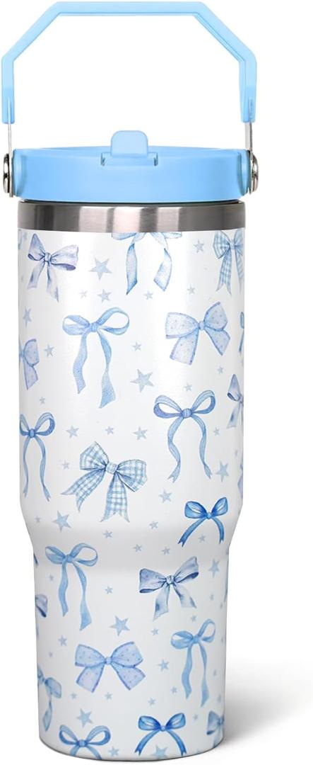 30 Oz Blue Bow Flip Tumbler With Lid and Straw, Coffee Travel Mug, Blue Bow Gifts for Women Girls, Bow Home Decor (EXP 11/28/36)