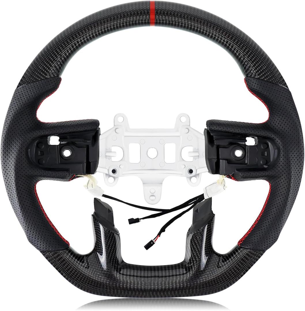 Real Carbon Fiber Steering Wheel D-shaped With Heating functionNappa Perforated Leather Flat-bottom Steering Wheel For Dodge RAM 1500 TRX 2021-2024 -With Paddle Holes