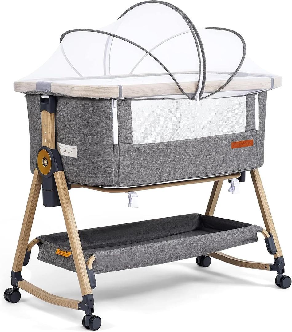 Maydolly Baby Bassinet & Bedside Sleeper, 3 in 1 Rocking Bassinet with Mattress & Sheet, Adjustable Height, Removable Breathable Cover, Easy Folding Infant Crib (Grey), 36"L x 22.6"W x 27.6"H