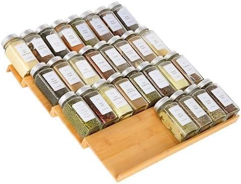 Spice Drawer Organzier,4 Tiers Bamboo Spice Rack Tray Insert for Cabinet Drawer Countertop, Kitchen Seasoning Storage Drawer Organization,14.57" Wide x 15.8" Deep Hold UP To 32 Jars