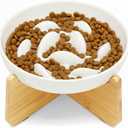 Non-Slip Rubberwood Elevated Cat Feeder Stand - 6.1"x3.5" Detachable Bowl Holder, Ergonomic Anti-Vomiting Raised Pet Dish Stand (White(Ceramic)-Bamboo Stand)