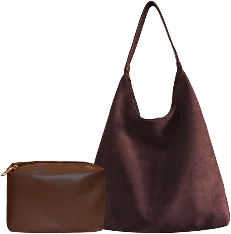 Suede Shoulder Bag for Women Suede Tote Purse Slouchy Suede Hobo Bags Suede Handbags Purses Set for Work Travel (Coffee)