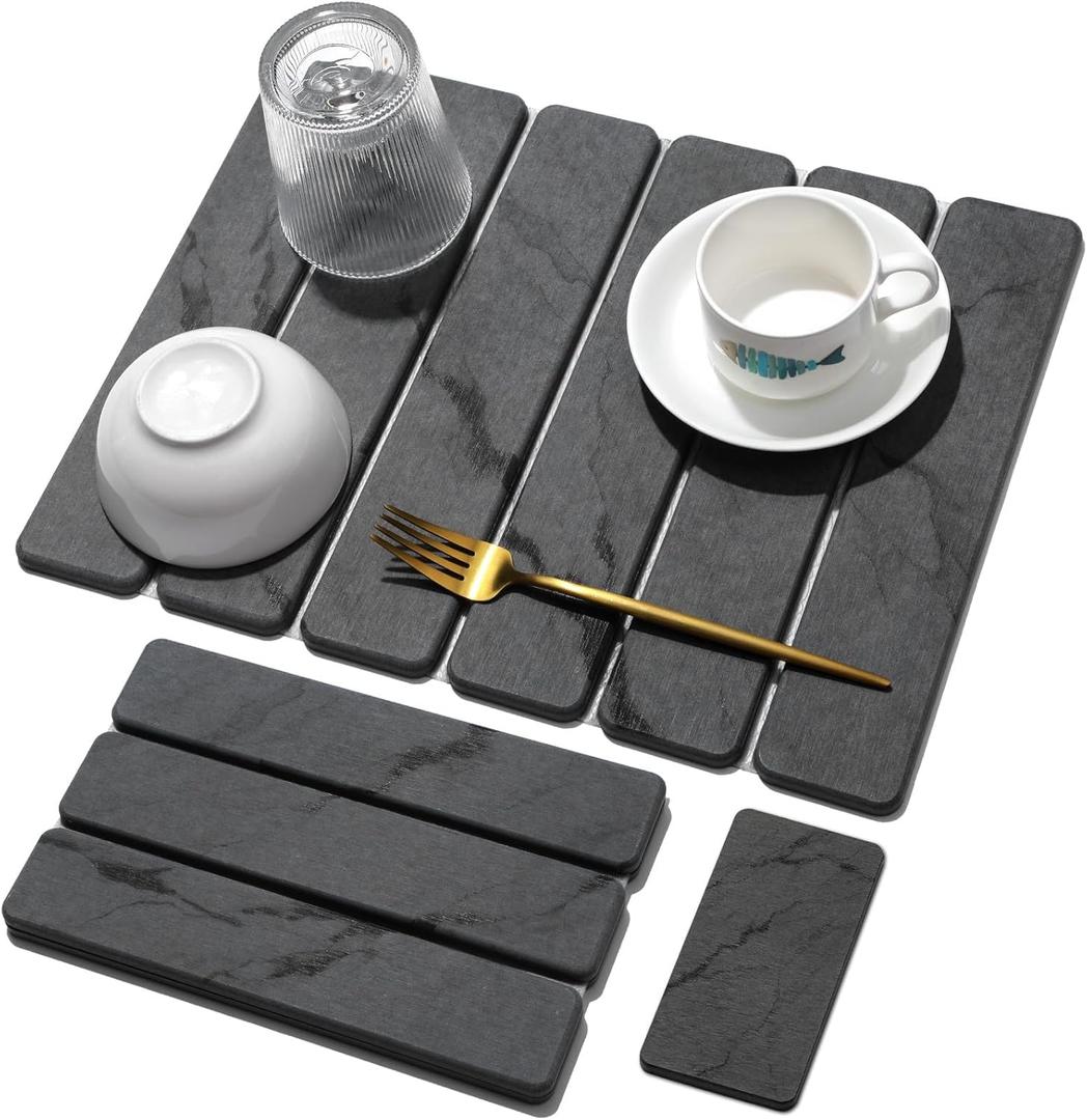 Small Stone Dish Drying Mat for Kitchen Counter, 2 PCS 16"12" & 8"x4" Quick Dry Stone Mats, Foldable Water Absorbing Diatomaceous Earth Drying Dish Pad for Countertop Bottles Utensils Cups(Dark Gray)