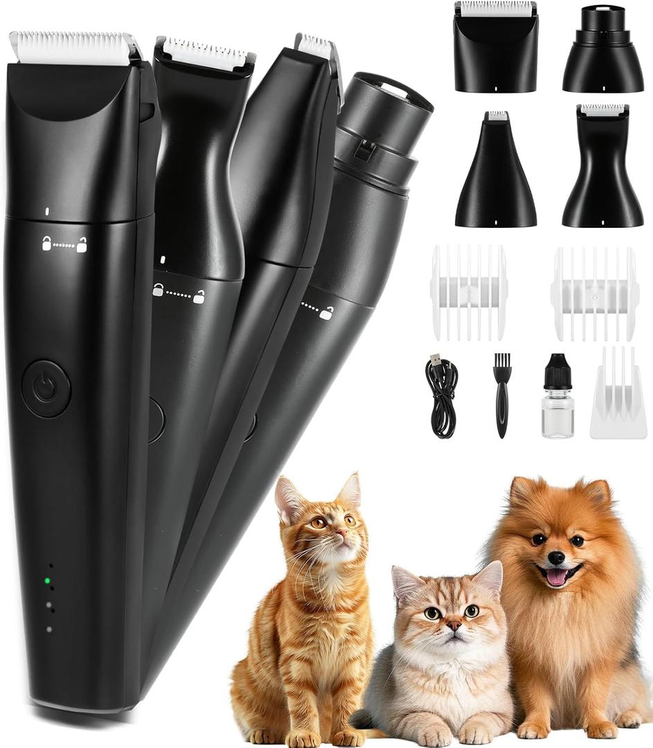4 in 1 Dog Clippers, USB-C Rechargeable Dog Grooming Clipper Kit Nail Ginder with Two Speeds, Cordless Pet Cat Trimmer Shavers for Thick Hairs for Poodle, Small Pets