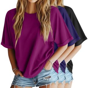 Riyiper 3 Pack Women's Oversized T-Shirt Half Sleeve Summer Tees Casual Loose Fit Crew Neck Basic Tops (Large, Fuchsia, Navy Blue, Black)
