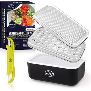 Cheese Grater with Container and Lid & Peeler Set - Vegetable Fruit Multi-Function Stainless Steel Kitchen Utensil Kit with Black Food Plastic Storage Stable Box - Hand Chopper Graters & Peelers