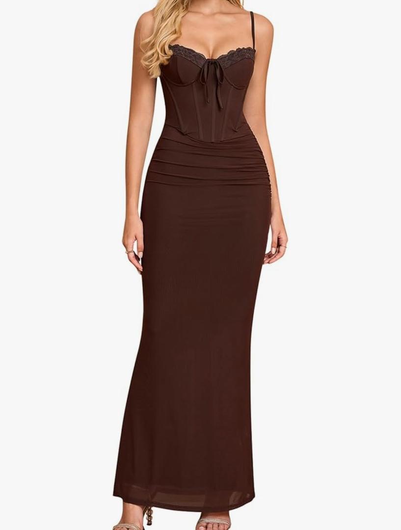 Vintage Lace Corset Floral Maxi Long Dress Bodycon Ruched Tie Formal Wedding Guest Dresses for Women Elegant M