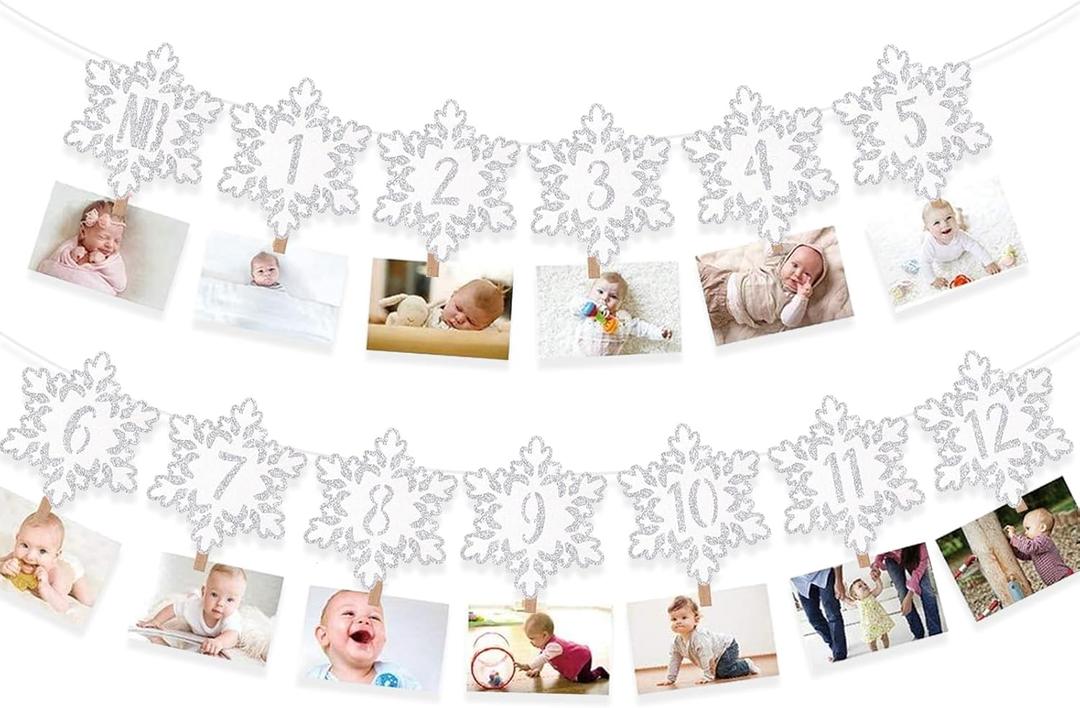 Winter Snowflake 12 Month Photo Banner First Birthday Party Decorations Baby Onederland Garlands Silver