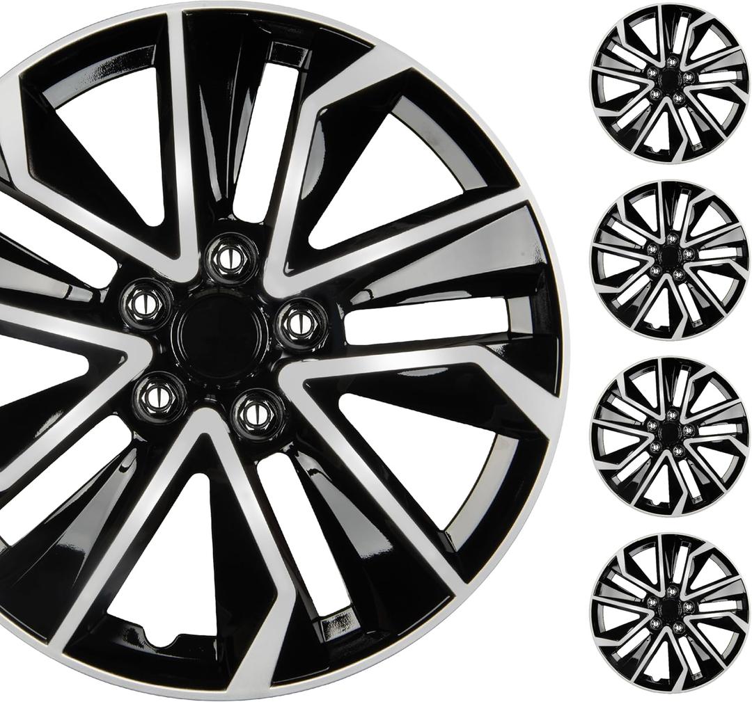 BDK 16 Inch Hubcaps Set of 4 OEM Replacement Snap-On Wheel Rim Covers - Universal Fit Car Wheel Cover for Cars, Trucks, SUV, Vans Durable ABS Black & Silver 10-Spoke Hub-Cap Car Accessories Exterior