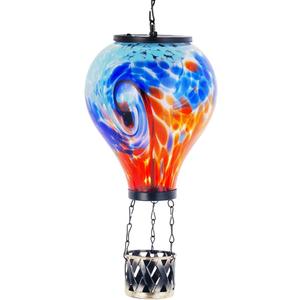 Starsoul Unique Hot Air Balloon Solar Lantern Glass Outdoor Hot Air Balloon Solar Flickering Flame Light Waterproof Hanging Lantern with Big Basket for Garden Yard Patio Decor (Tie-Dye-A)
