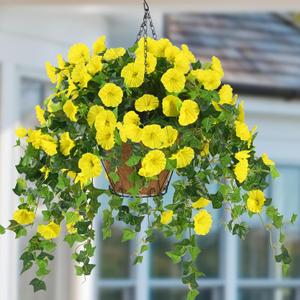 Waipfaru Artificial Hanging Plants Outdoors, Fake Hanging Flowers with Basket, Faux Vine Bougainvillea for Urn Fillers Front Porch Patio Outside Summer Decor (Yellow)