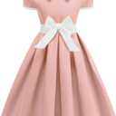 Kids 1950s Vintage Dresses for Girls 50s Outfits Doll Collar Bowknot Audrey Hepburn Rockabilly Cocktail Party Swing Dress Short Sleeve Pleated Retro 50's Style Tea Prom Church Clothes Pink 5-6 Years