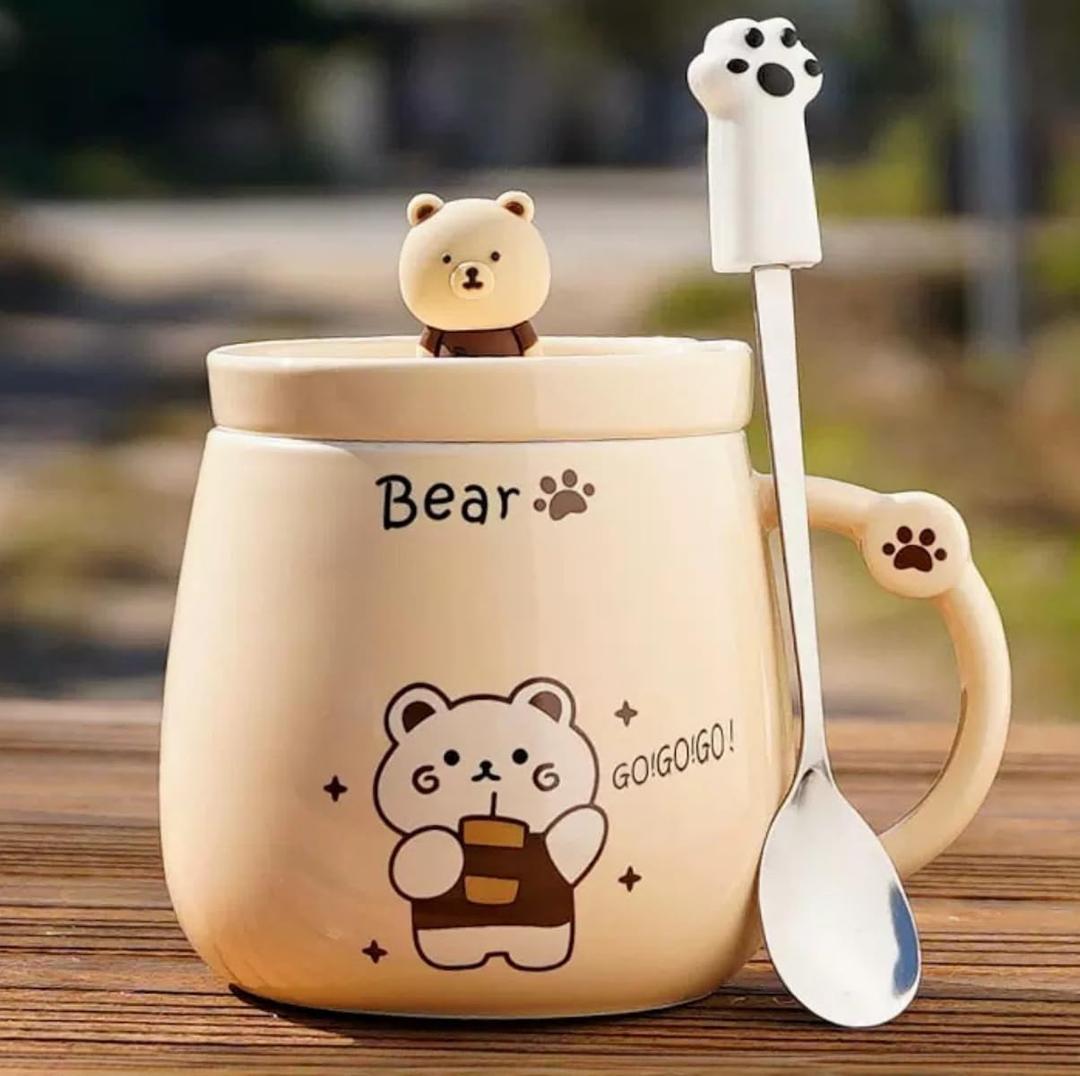 Bear/Beige 400ML Ceramic Coffee Mug with Lid and Claw Spoon, Cute Bear-Themed Mug for Tea & Coffee for Holidays and Celebrations
