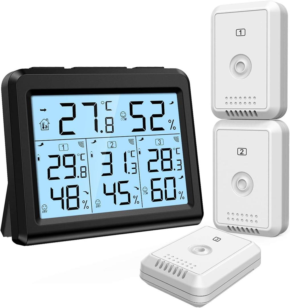 ORIA Indoor Outdoor Thermometer, Digital Hygrometer Thermometer with 3 Wireless Sensors, Temperature Humidity Monitor Meter with LCD Backlight, for Home, Office, Bedroom, Black
