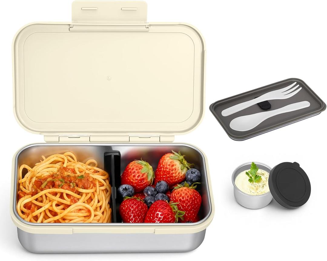 Stainless Steel Lunch Box, Leak-Proof Metal Bento Box with Adjustable Divider, Lunch Container for School Office Picnics & Travel, Microwave-Safe, White