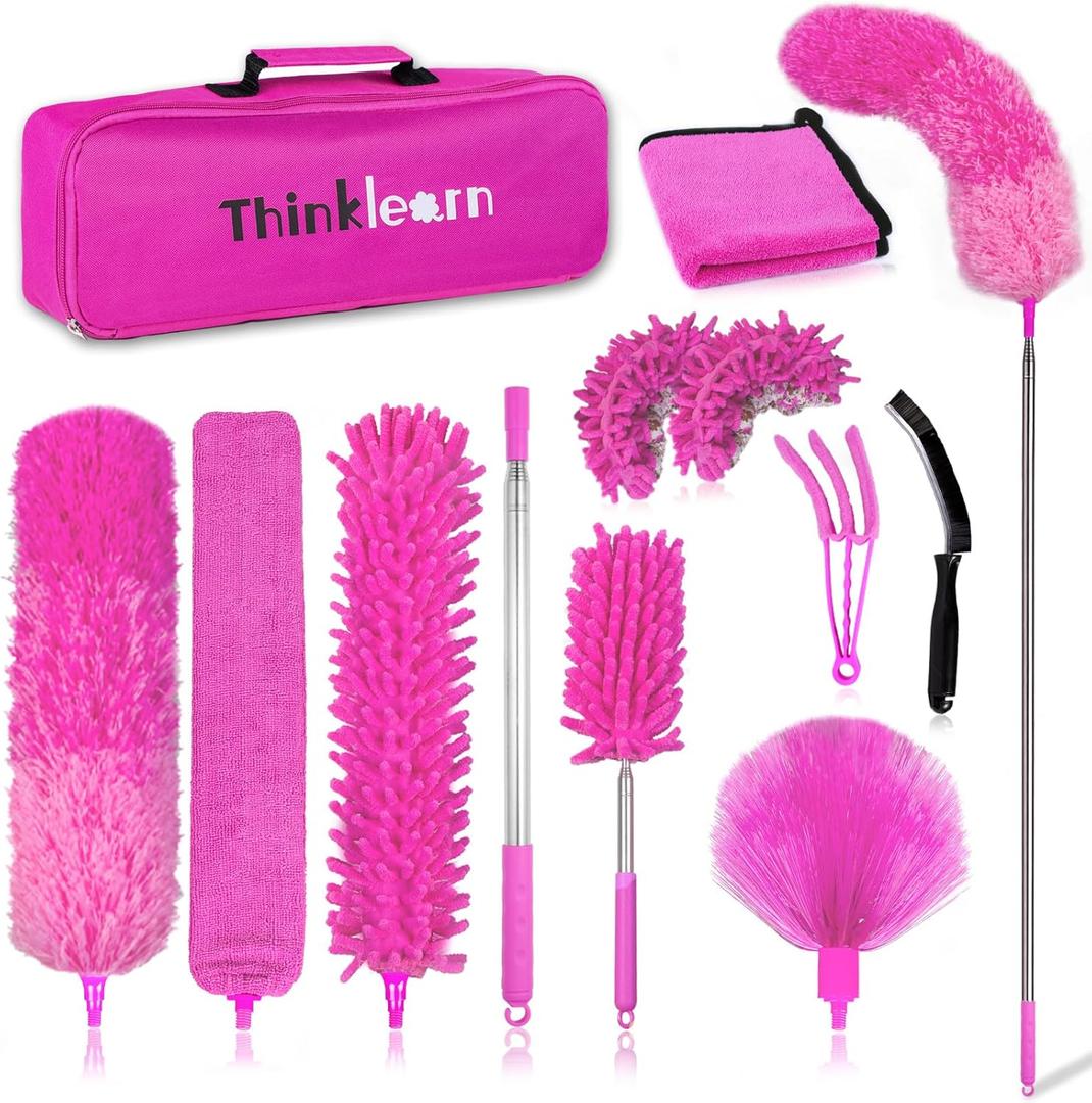 Microfiber Dusters for Cleaning,14PCS Feather Dusters with Extension Pole,Bendable Washable and Extendable Duster for High Ceilings, Fans and Blinds House Cleaning Kit Pink Gift for Women
