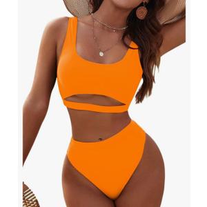 Blooming Jelly Women's High Waisted Bikini Sets High Cut Bathing Suits Two Piece Sporty Cut Out Swimsuits S, Orange