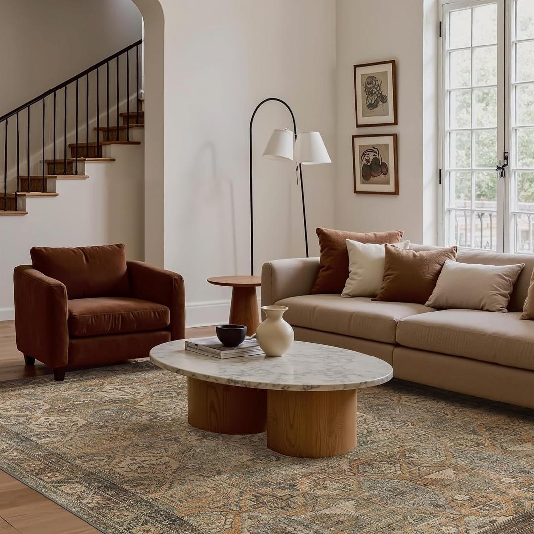 Bavni Washable Rugs 8x10 Area Rug for Living Room Bedroom, Washable Brown Rug Vintage Print Carpet, Ultra-Thin Chenille Low Pile Lightweight Mat with Non Slip Backing, Warm Taupe