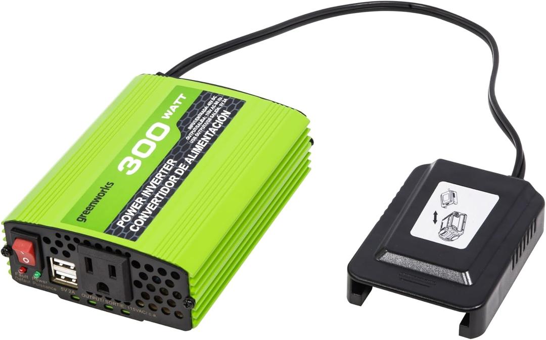 Greenworks 40V 300W Cordless Power Inverter, Sine Wave Inverter with 2 USB Ports and AC Port, IV40A00