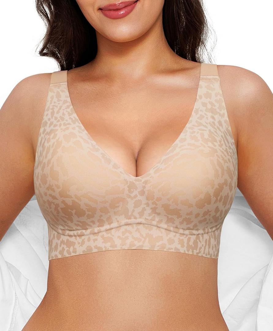 Popilush Wireless Bras Women Seamless No Underwire Push Up Bra Supportive Deep V Bralette Everyday Comfortable T-Shirt Bra (X-Large, Leopard Skin)