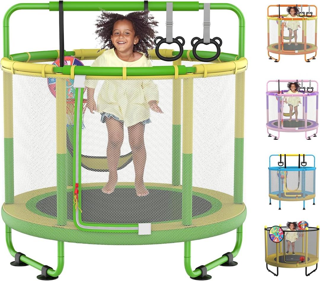 60" Trampoline for Kids, 5ft Toddler Mini 6-in-1 Trampoline Indoor Outdoor with Swing, Basketball Hoop, Dart Board, Rings, Christmas Toys Birthday Gifts for Girls Boys(Green&Yellow)