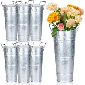 6 Pcs Galvanized Bucket Flower Bar, 10 Inch Flower Bucket and Metal Vase with Handles, Flower Bar Supplies and Buckets Farmhouse Vases for Wedding and Cut Flower,Balcony Garden (Silver)