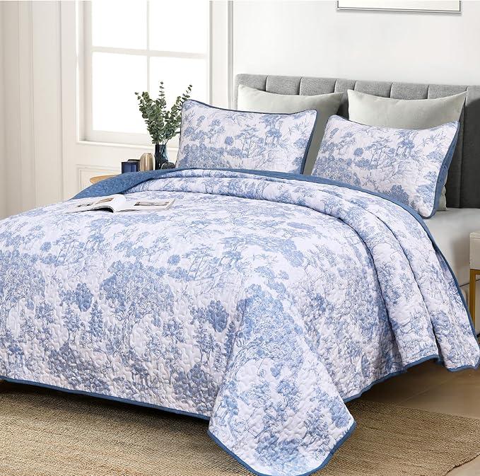 WONGS BEDDING Blue Quilt Set Queen Size, Botanical Floral Bedspread
3 Pieces Floral Toile Plants Printed Bedding for Bed, OEKO-TEX, Soft Lightweight Coverlet for All Season (96''x90'')