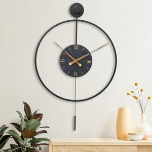 Large Modern Wall Clock,Wall Clocks for Living Room Decor,Classical Metal Minimalist Roman Numeral Dial,Big Decorative Farmhouse Pendulum Wall Clock With Walnut Pointers for Office,Dining Room (20x31 inch, Black)