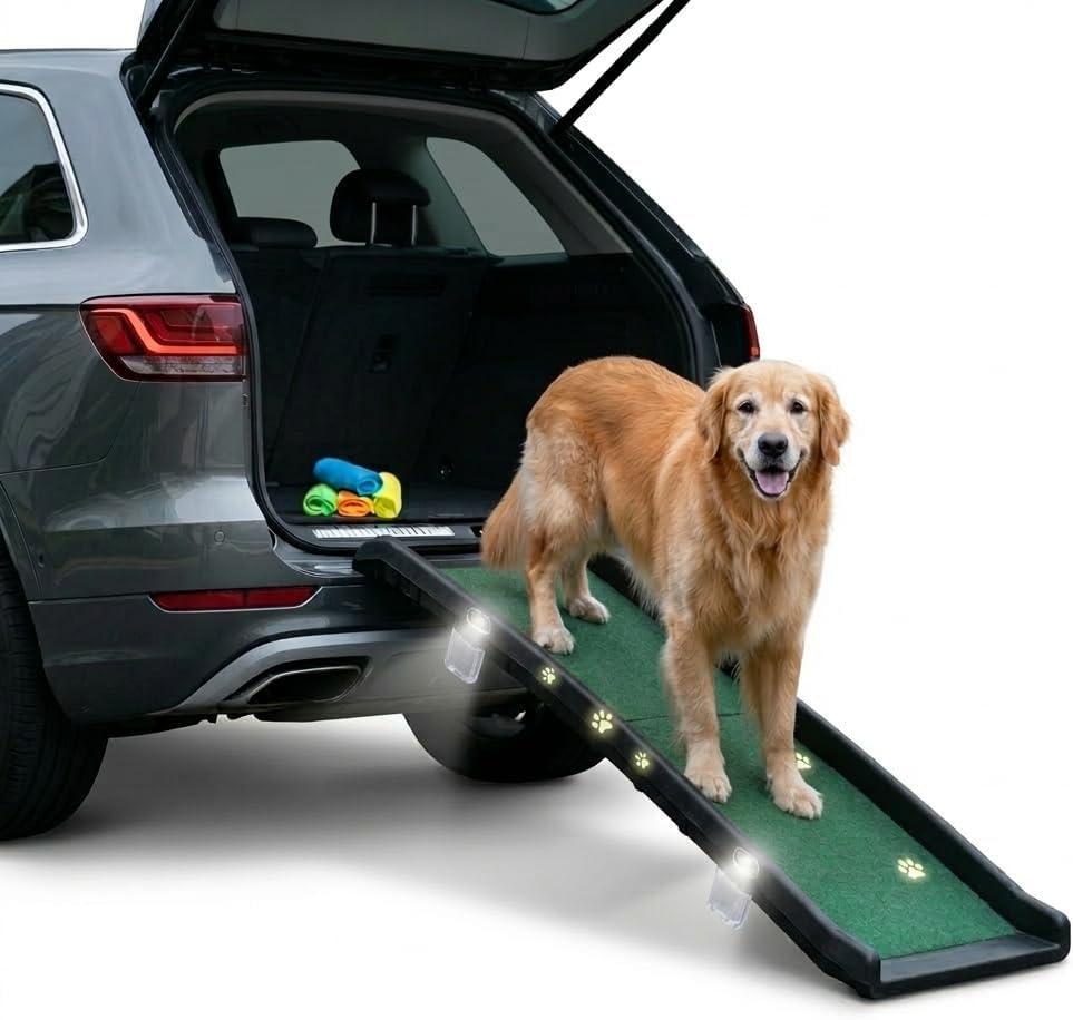 Dog Ramp for Car & SUV with Poly Grass Non-Slip Surface Lightweight & Foldable Pet Ramp for Dogs, Includes 4 Towels & 2 LED Lights, Safe for Cars, Trucks, Beds, Couches & Stairs