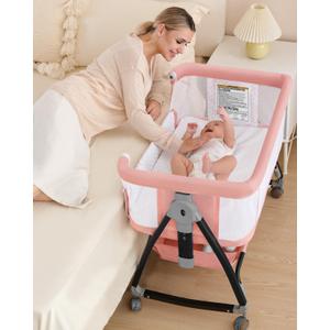 Bedside Bassinet for Baby, 3 in 1 Breathable Mesh Baby Bassinet, 6 Height Adjustable, Easy to Assemble, Bassinet Bedside Sleeper with Wheels, Mosquito Net, Storage Basket, Bassinets for Newborn Baby | Multi-functional (Pink)