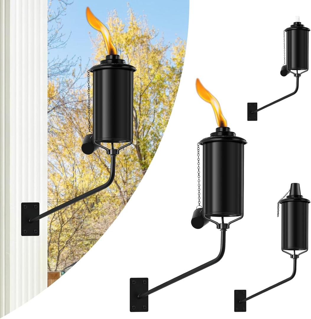 ZSZMFH 4 Pcs Wall Mounted Citronella Torches, 16 oz Garden Torches for Outside, Refillable Flame Light Torch, Outdoor Metal Torch for Yard, Patio, Deck, Garden, Party, Landscape