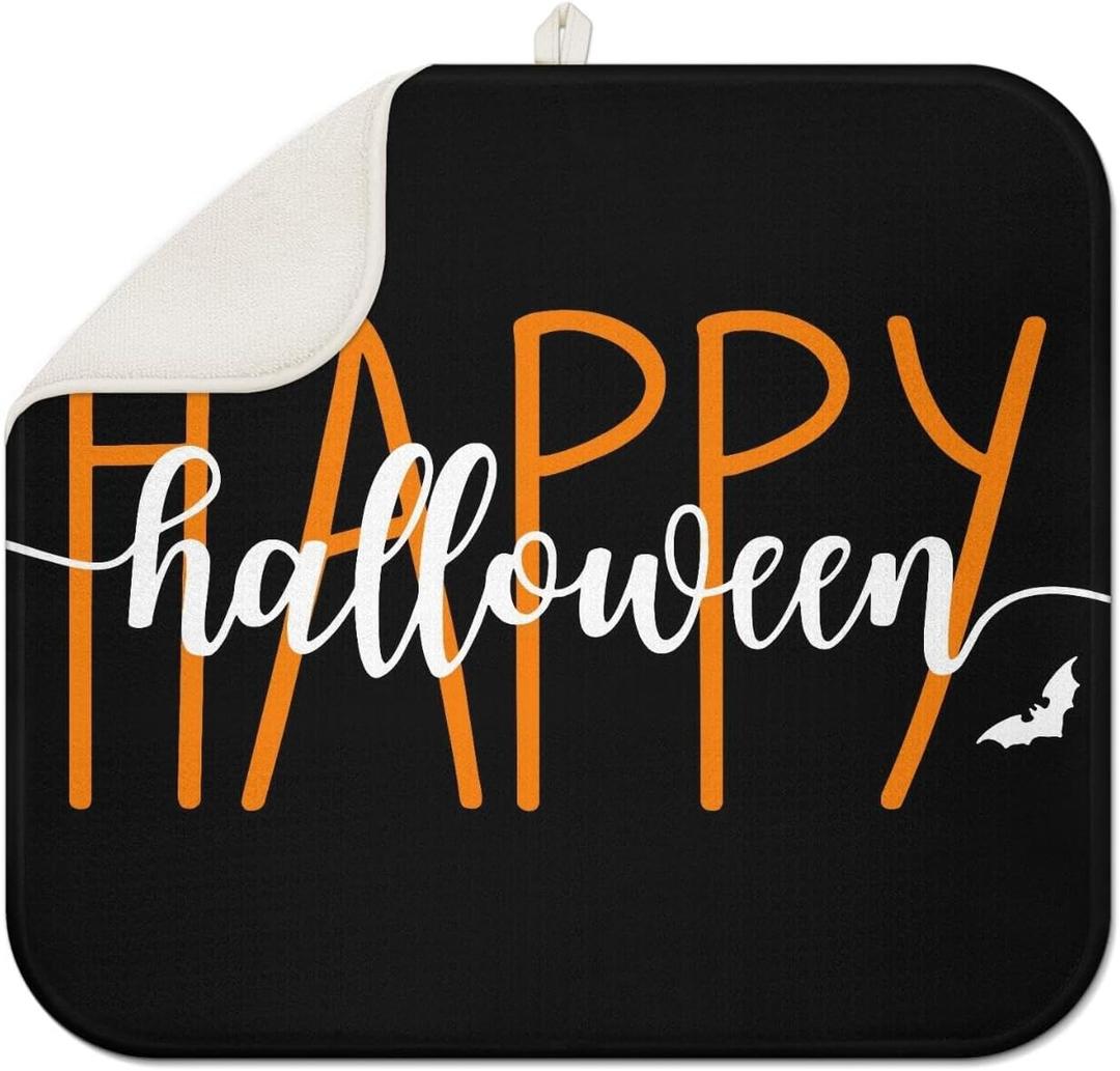 Happy Halloween Dish Drying Mat for Kitchen Counter 16x18 Inch Spooky Absorbent Dish Mats Halloween Kitchen Drainer Rack Pad Decor