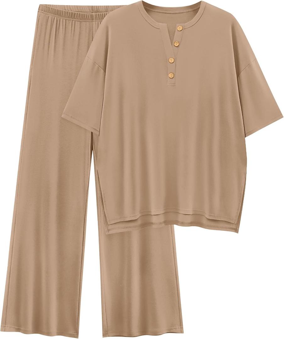 PRETTYGARDEN 2 Piece Lounge Sets for Women Summer 2025 Short Sleeve Tops Wide Leg Pants Matching Travel Outfits Clothing (Khaki,X-Small)