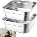 2-in-1 Stainless Steel Washing Up Bowl Set, 12.8" Sturdy Square Dish Tub with Colander, Fruit Vegetable Washing Basin for Sink, Food Grade Dishpan for Draining Rice, Pasta, Food Strainer Mixing Bowl