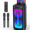 Karaoke Machine for Adults with 2 Wireless Microphones, Portable Bluetooth Speaker PA System with Dicso Lights for Big Pary, Stage Subwoofers, Outdoor, Ideal Gifts for Family, Music Lover
