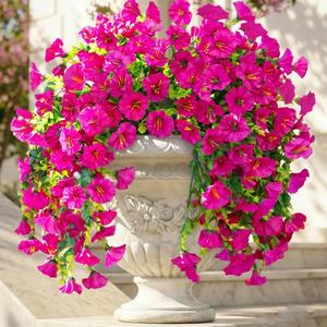 Ivydale 2 PCS Artificial Hanging Flowers Fake Plants Outdoor,Silk Morning Glory Faux Flowers with Eucalyptus Leaves,UV Resistant Realistic Hanging Petunias Plants for Home Garden Decor (Fuchsia)